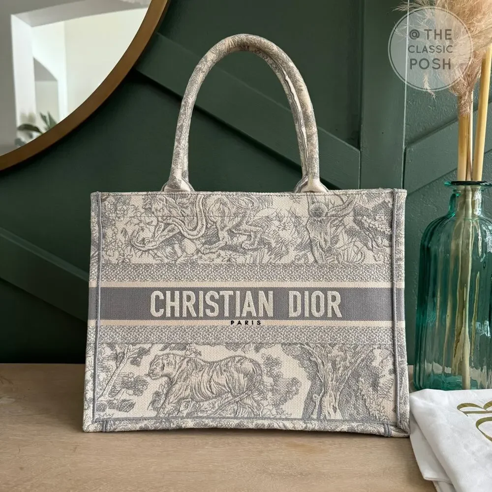 EUC Christian Dior Book Tote Toile De Jouy Ecru Gray Medium